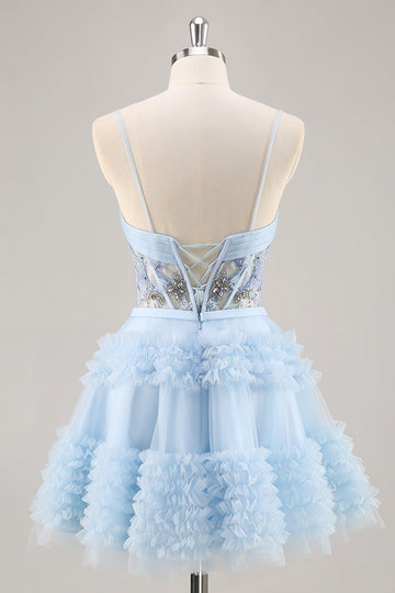 Blue Beaded A Line Corset Short Prom Dress